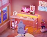 MOTPK Pink Gaming Desk with Led Lights & Power Outlet, 47 Inch Gaming Computer Desk with Shelves, Reversible Gamer Desk Table with Adjustable Monitor Stand & Headphone Hook, Carbon Fiber Texture MOTPK