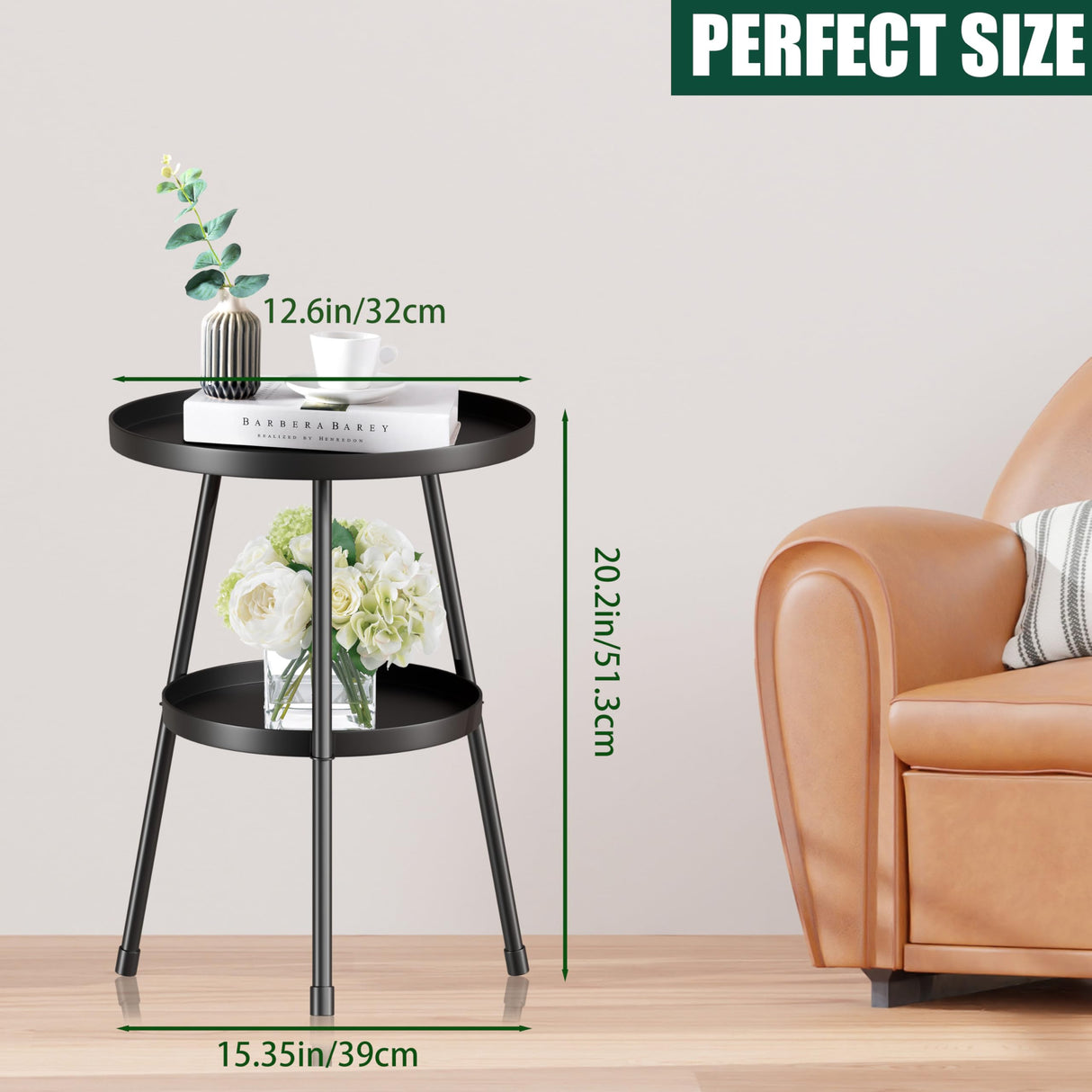 Small Side Table Round 2 Tier End Table Metal Round Coffee Tables Nightstand for Small Spaces Indoor Outdoor and Living Room Bedroom or Office SYQ