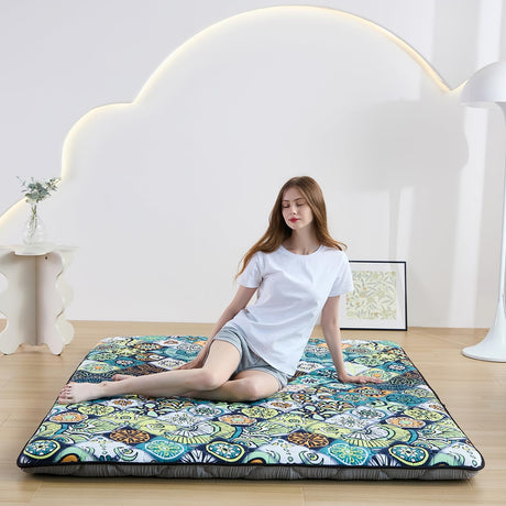 Zelladorra Japanese Floor Mattress Futon Mattress Twin, Anti Slip Floor Futon Mattress Sleeping Mat Foldable Floor Mattress for Camping and Guest, Boho Green Checkered Zelladorra