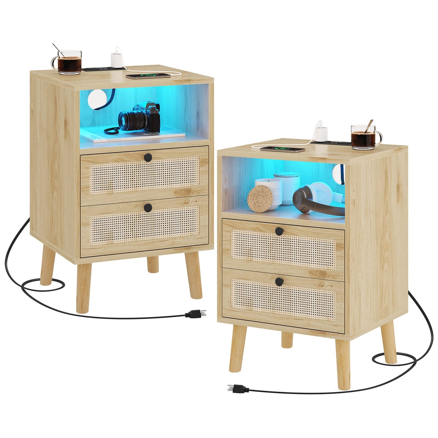 AOGLLATI Rattan Nightstands Set of 2, with Charging Station and LED Lights, Bed Side Tables with 2 Drawers and Open Storage, End Tables, Wood Night Stands for Bedroom, Natural - WoodArtSupply