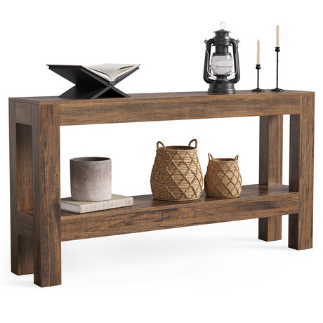 LITTLE TREE 63-Inch Narrow Long Entryway Table for Living Room, Farmhouse Wood Console Table for Sofa, Entry, Hallway, Entrance, Foyer, Behind Couch with 2-Tier Shelves, Brown LITTLE TREE