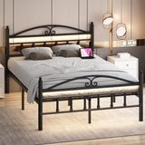 Samurbex Full Size Bed Frame with Charging Station,Black Metal Platform Bed Frame with LED Lights,Heavy Duty Metal Steel Slats Support,No Box Spring Needed,Noise Free,Easy to Assemble Samurbex