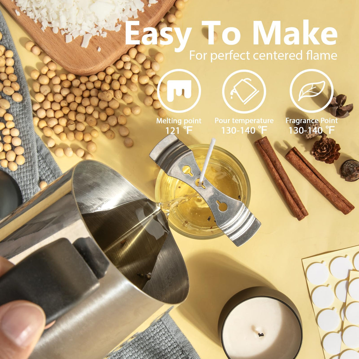 FUHITIM Soy Candle Wax for Candle Making 10 lbs Bag, Premium Natural Soy Wax Flakes, No additives and Pure, 100 Cotton Candle Wicks, 100 Wick Stickers, & 2 Centering Devices FUHITIM