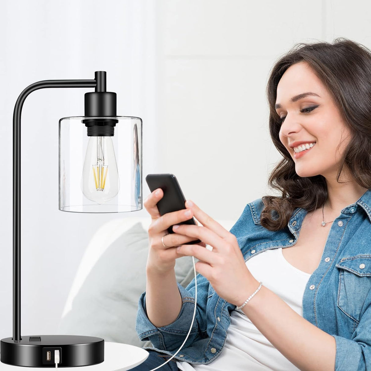 Set of 2 Industrial Touch Control Table Lamps with 2 USB Ports and AC Outlet - 3-Way Dimmable Black Bedside Lamps Nightstand Desk Lamps for Bedroom Living Room, Glass Shade & 2 LED Bulbs Included Nintiue