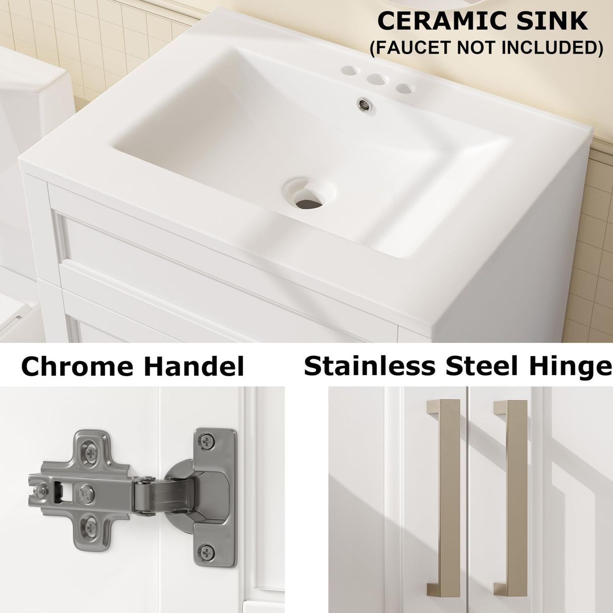OLD CAPTAIN Bathroom Vanity with Ceramic Sink, Wooden Double Door Bathroom Storage Vanity with 24 Inch, Milky White Finish OLD CAPTAIN