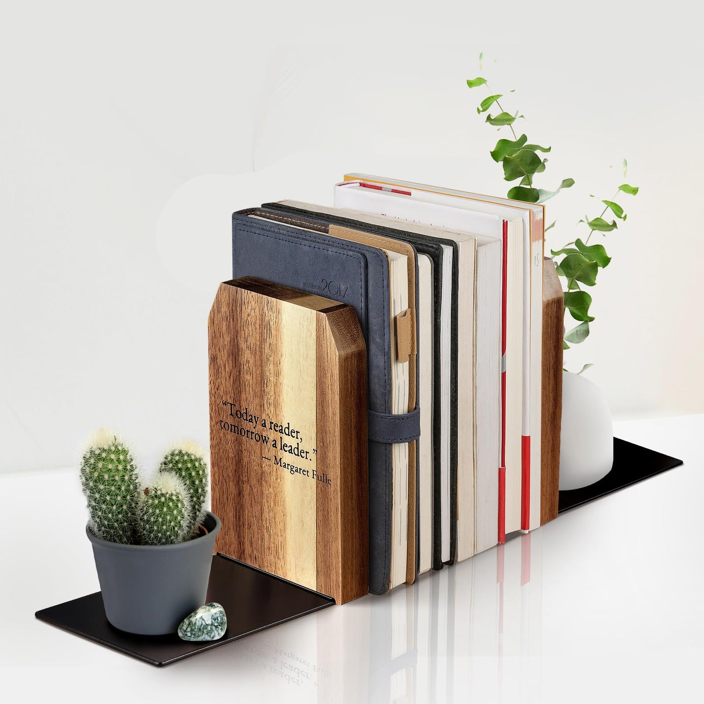 Book Ends for Shelves 2Pcs, Modern Solid Acacia Wood Bookends with Metal Base, Sturdy Book Holders for Heavy Books, Fancy Handmade Book Decorative Accessories