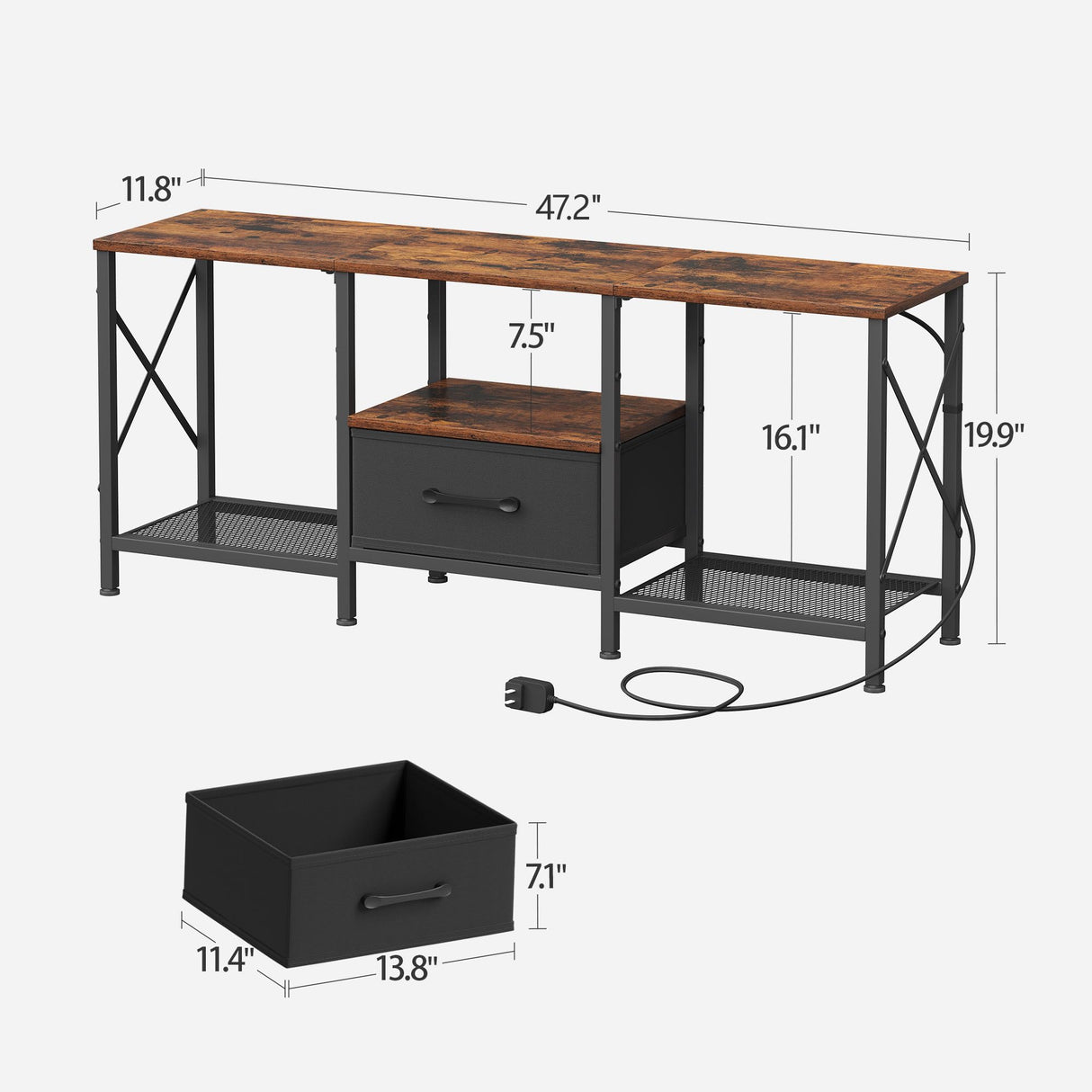 JARHETUN LED TV Stand with Fabric Drawer, Entertainment Center for 50 55 Inch TV, Industrial TV Console Table with Open Storage Shelves for Living Room, Bedroom, Rustic Brown JARHETUN