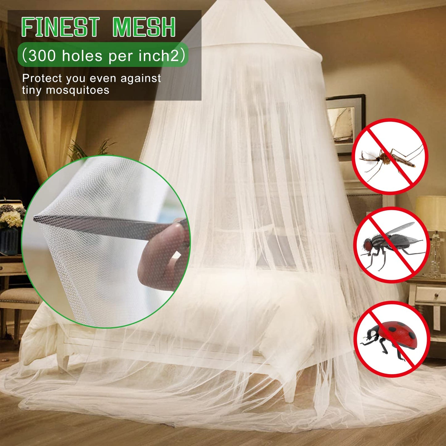 VISATOR Mosquito Net Bed Canopy for Girls,King Canopy Bed Curtains Queen Size from Ceiling,Dome Mosquito Netting Bed Tent Twin Girls Canopy Bed Decor for Baby Crib,Kid Bed and Adult Beds (White)