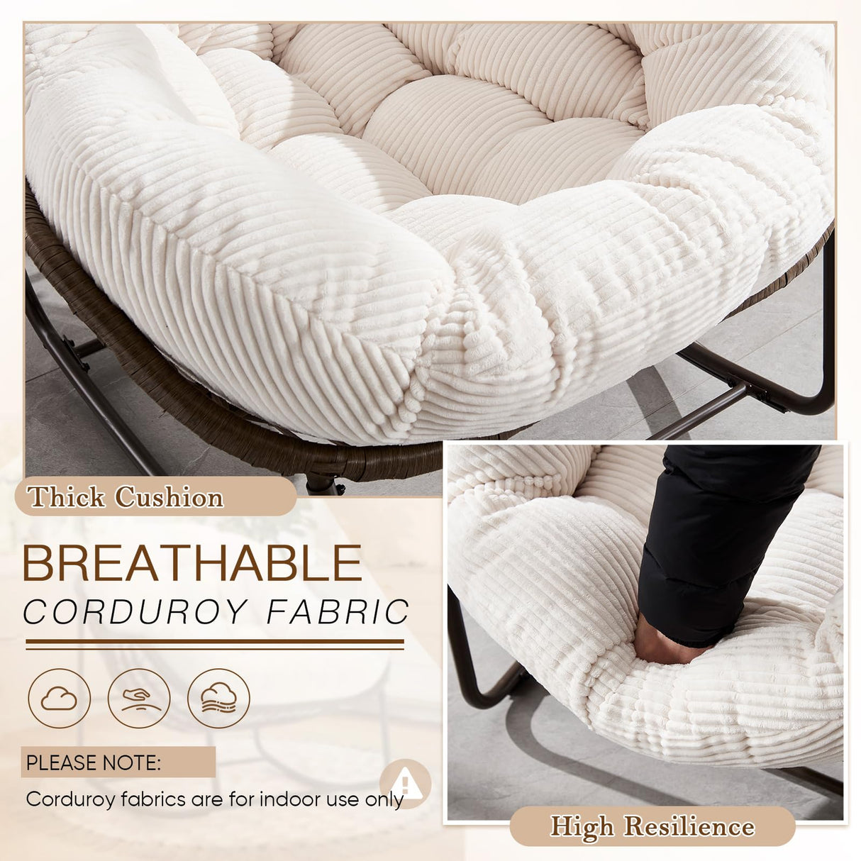 Large Indoor Rocking Chair, Oversized Rocking Papasan Chair with Thick Cushion and Frame,Comfy Corduroy Rocker Wicker Egg Chairs Lounge Reading Chair for Living Room, Bedroom, Apartment, White SLEERWAY