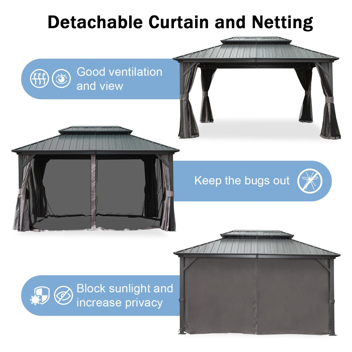 Domi 10x14FT Hardtop Gazebos, Aluminum Metal Gazebo with Galvanized Steel Double Roof Canopy, Curtain and Netting, Permanent Gazebo Pavilion for Patio, Backyard, Deck and Lawn, Grey domi outdoor living