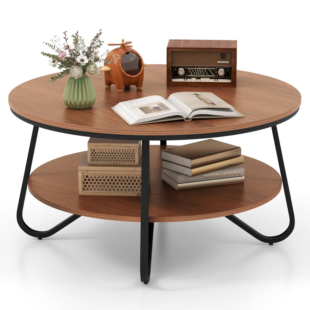 Giantex 2-Tier Round Coffee Table, 33.5" Wood Coffee Table with Open Storage Shelf & Heavy-Duty Steel Frame, Rustic Circle Coffee Table, Mid-Century Center Table for Living Room, Office, Walnut Giantex