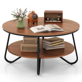 Giantex 2-Tier Round Coffee Table, 33.5" Wood Coffee Table with Open Storage Shelf & Heavy-Duty Steel Frame, Rustic Circle Coffee Table, Mid-Century Center Table for Living Room, Office, Walnut Giantex