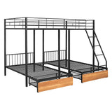Triple Bunk Bed Metal Full Over Two Twin Beds with Storage Drawers and Shelf Detachable 3 Bed Bunk Bed Frame with Ladder for Kids Boys Girls Teens, Can Bed Divided into Three Separate Beds, Black Bellemave