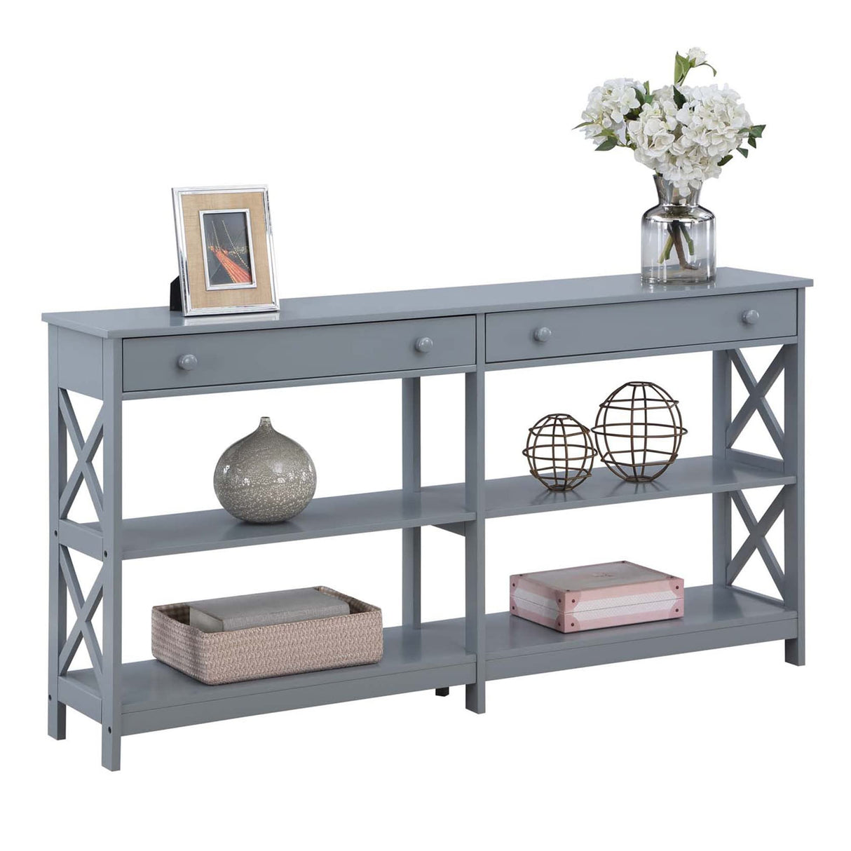 Convenience Concepts Oxford 2-Drawer Console Table with Shelves, 60", Gray Convenience Concepts