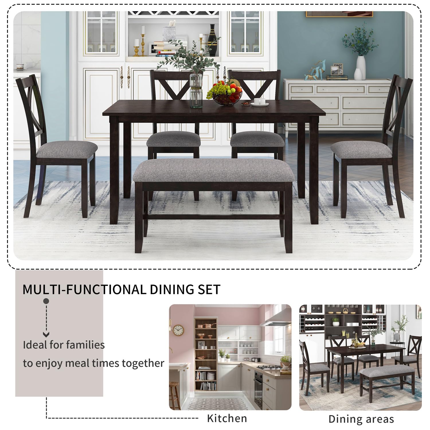 Harper & Bright Designs 6 Piece Wooden Dining Table Set with Upholstered Bench and 4 Dining Chairs, Kitchen Table Set Family Furniture for 6 People (Dark Espresso) - WoodArtSupply