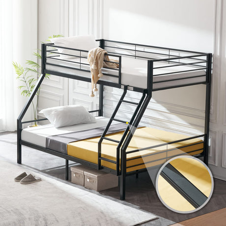 VINGLI Twin Over Full Bunk Bed for Kids/Adults with Stairs Flat Rungs, Heavy Duty Metal Slats, No Box Spring Needed, Black VINGLI