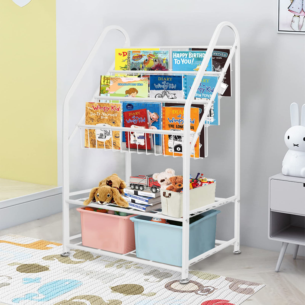 aboxoo Metal Kids Bookshelf Freestanding for Children Room 25 inches Toddler White Bookcase Toy Organizer Stable Bookcase Bookstore Library Book Unit Storage for Small Place aboxoo