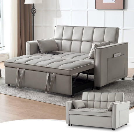 POYISOU Modern 3 in 1 Convertible Sleeper Sofa Couch Bed with USB, Adjustable Backrest Velvet Pull Out Sofa Bed, Loveseat Sleeper Couch, Couches for Living Room, Bedroom, Apartment, Light Grey POYISOU