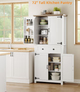 Memobarco 72" Kitchen Pantry Cabinet,Tall Storage Cabinet with 4 Doors Shelves,2 Cabinets,Drawer,Adjustable Shelves,Freestanding Cupboard for Kitchen,Dining Room,Living Room,Laundry,White+Gray Memobarco