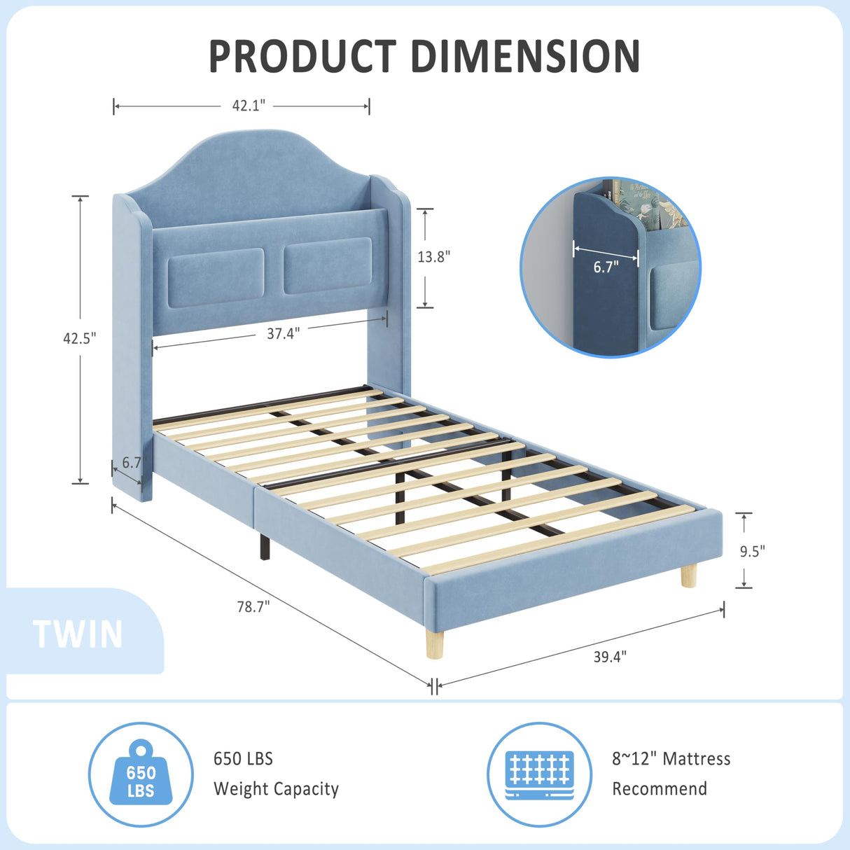 GarveeHome Upholstered Twin Bed Frame with LED Lights, Velvet Platform Bed Frame with Wing Back Storage Headboard, Wood Slats Support, No Box Spring Needed, Easy Assembly, Blue GarveeHome