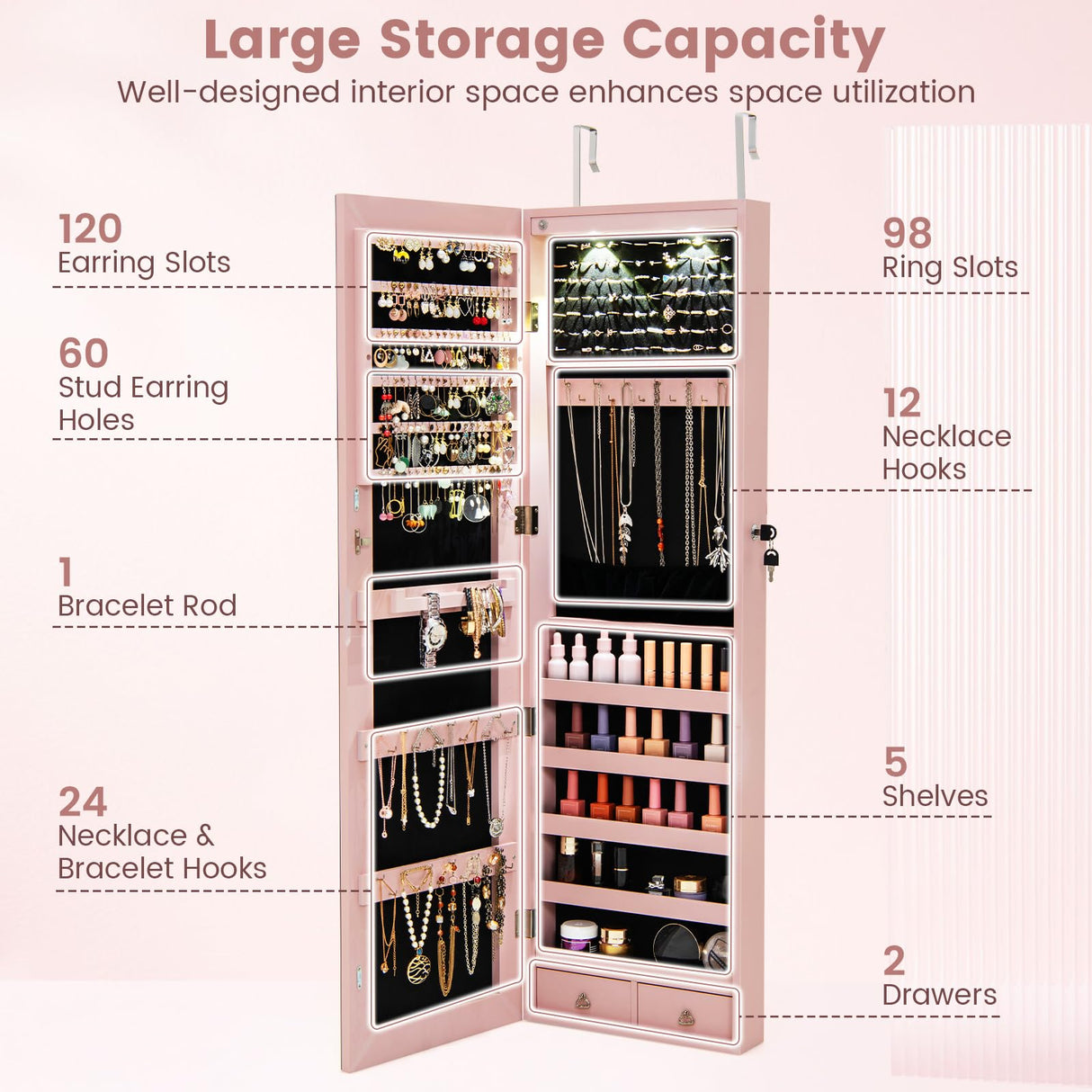 Giantex Wall Door Mounted Jewelry Armoire Cabinet with 47.5" H Full Length Mirror, 2 LEDs Lockable Jewelry Organizer Box with Bracelet Rod, 2 Drawers, Large Storage Capacity (Light Pink) Giantex