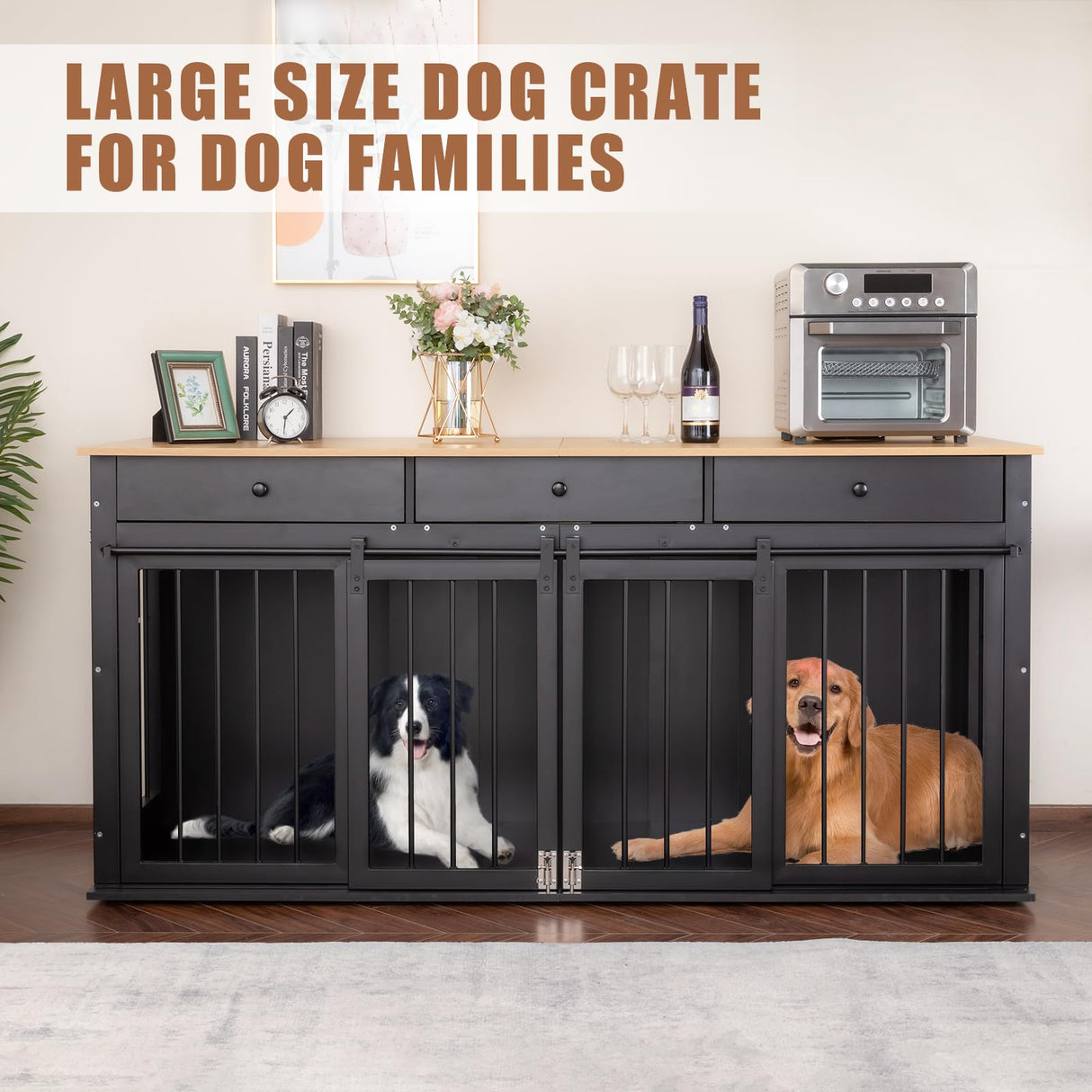 Sunseen Dog Crate Furniture Large Breed Wooden Dog Kennel with Room Divider & 3 Drawer,Double Doors Heavy Duty Dog Crate End Table Indoor TV Stand for Small Medium Large Dog Black,72''W*24''D*35''H sunseen