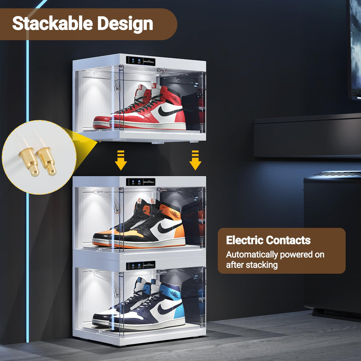 BROVIEW Smart Shoe Display Box with Led Lights, Clear Plastic Stackable Shoe Storage Box, Auto-Opening Shoe Organizer Sneaker Case, Remote Control LED Shoe Boxes, Collection Crate, 1 Pack White BROVIEW