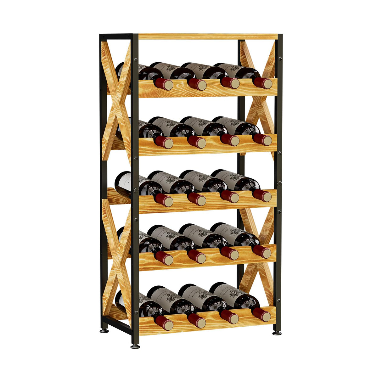 LUMAMU 20 Bottle Wine Rack Freestanding Floor with Wood Top,Wobble-Free 5 Tier Wine Display Storage Stand Shelf,Stackable Modular Wine Bottle Holder Rack for Kitchen,Cellar,Living Room LUMAMU