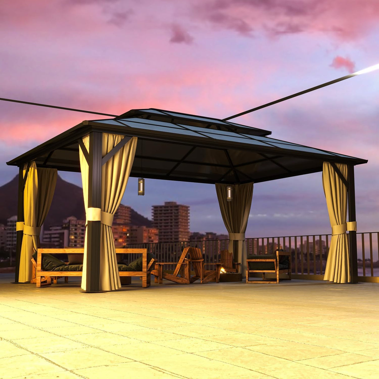 Jolydale 12'x16' Hardtop Gazebo, Outdoor Polycarbonate Double Roof Canopy, Aluminum Frame Permanent Pavilion with Curtains and Netting, Sunshade for Garden, Patio, Lawns Jolydale