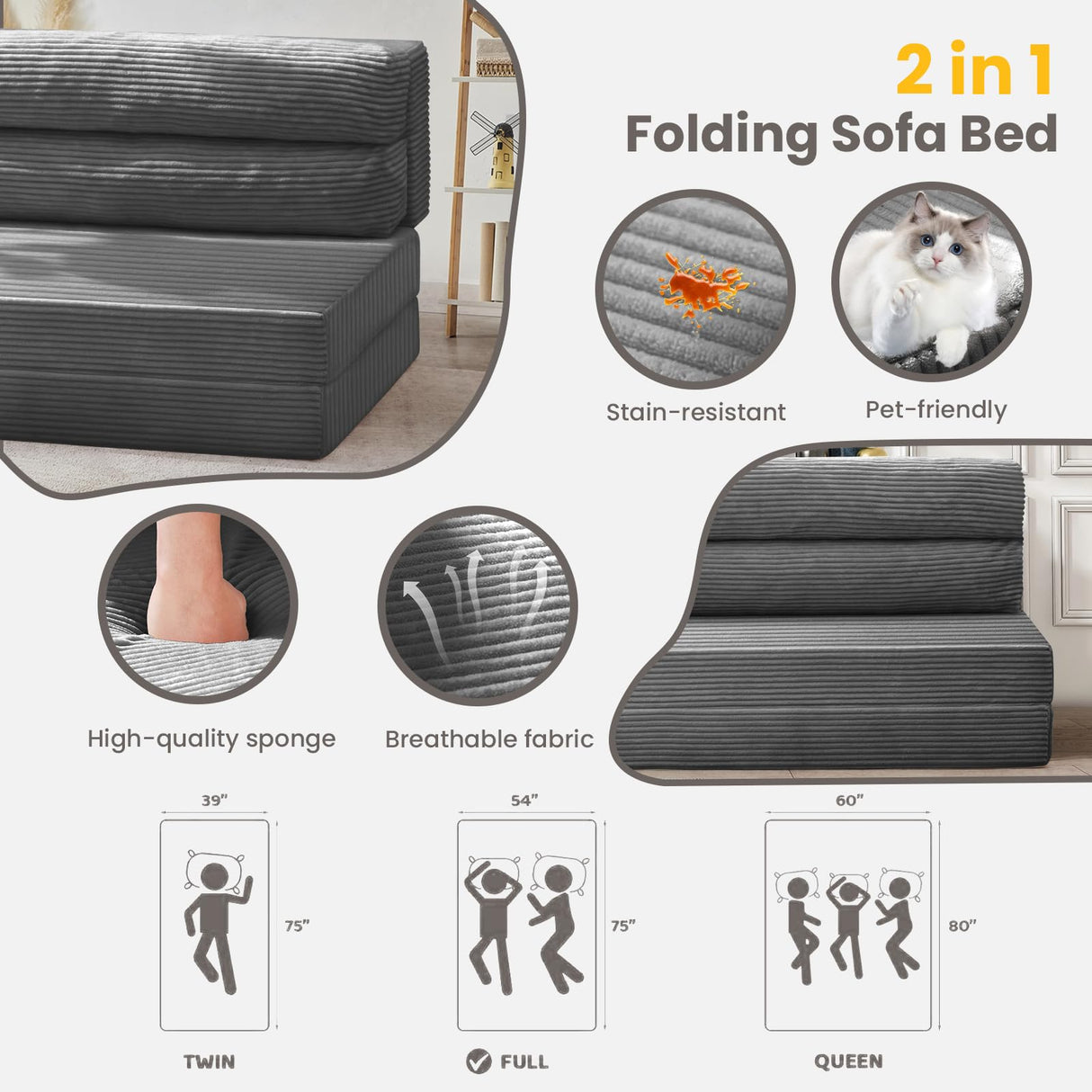 JUIKURY Folding Sofa Bed, Convertible Sleeper Chair with Pilow Foldable Matress, 2 in 1 Pull Out Loveseat Sofa Portable Fold Out Chair Bed Comfy Floor Couch Lounge for Living Room Bedroom,Grey,Full JUIKURY