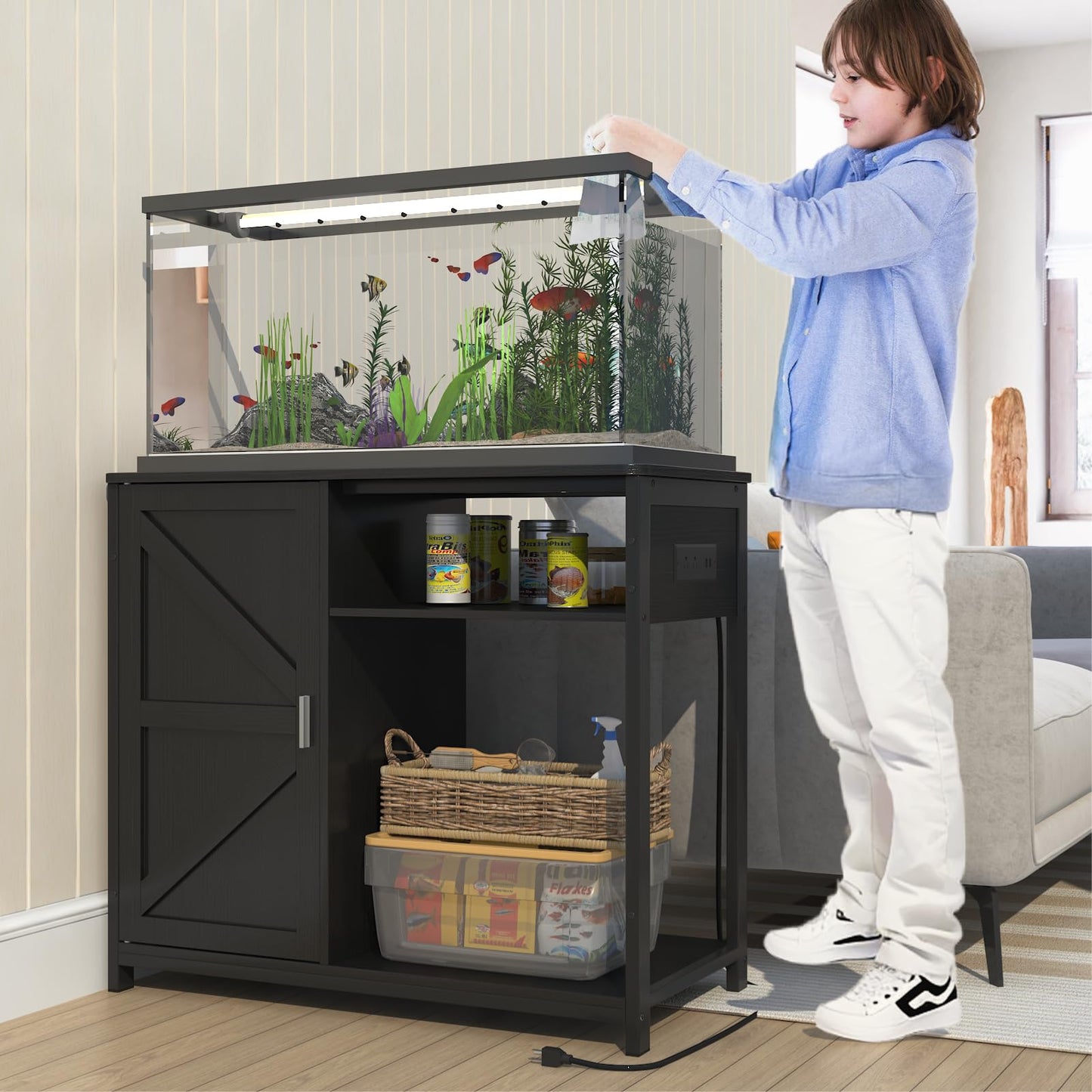 TRYKERPET 40-50 Gallon Fish Tank Stand, Aquarium Stand with Power Outlets and Wooden Cabinet Storage, Heavy Duty Metal Frame Fish Tank Suitable for Turtle Tank, Reptile Terrarium, 440LBS Capa - WoodArtSupply