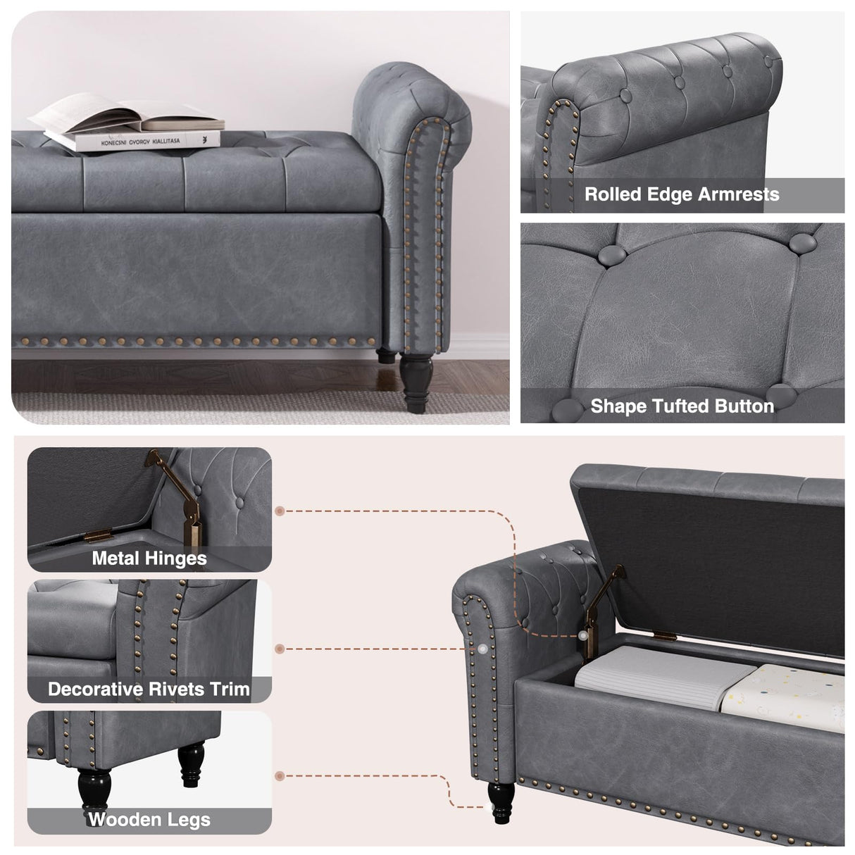 65 Inch Bedroom Bench, End of Bed Bench with Storage, Bed Benches for Foot of Bed, Faux Leather Window Bench with Tufted Button and Nailhead Trim, Upholstered Storage Bench with Rolled Arms, Gray FiveWillowise