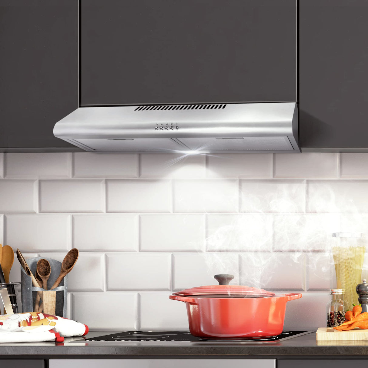 COSMO COS-5MU30 30 in. Delta Collection Ducted Under Cabinet Range Hood, Button Controls, Reusable Filters, LED Lights, Stainless Steel COSMO
