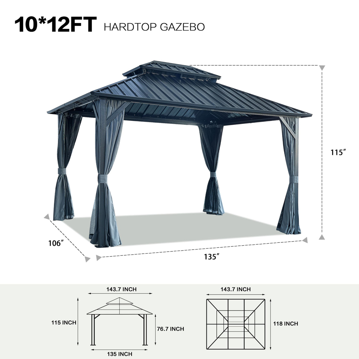Zolyndo 10x12ft Outdoor Hardtop Gazebo with Netting and Curtains, Heavy-Duty Galvanized Aluminum Frame Gazebo with 2-Tier Waterproof Metal Roof for Patio, Backyard, Deck and Lawns, Black Zolyndo
