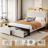 Queen Size Bed Frames with Storage Headboard and 2 Drawers, Upholstered Platform Bed Frame Queen with Led Lights and Handy Charging Station, No Box Spring Needed, Easy Assembly, Noise Free, Beige TIGUBFRE