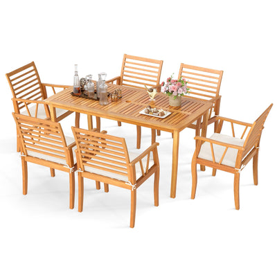 HAPPYGRILL 7 Pieces Acacia Wood Patio Dining Set with 1.97” Umbrella Hole, Outdoor Table and Chairs Set with Cushions, Outside Furniture Set for Poolside Backyard Garden Deck