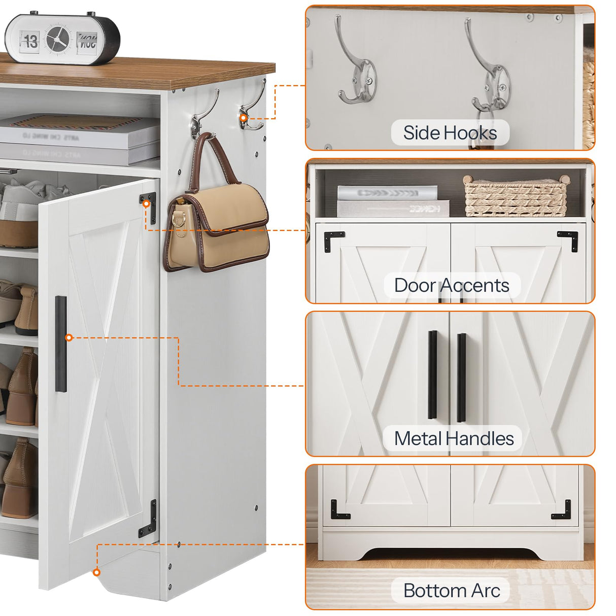 HOOBRO Shoe Cabinet, Farmhouse Shoe Storage Cabinet, Shoe Organizer Cabinet with Hooks and Adjustable Shelves, Shoe Cabinet Storage for Entryway, Living Room, White and Walnut WH16SC01 HOOBRO