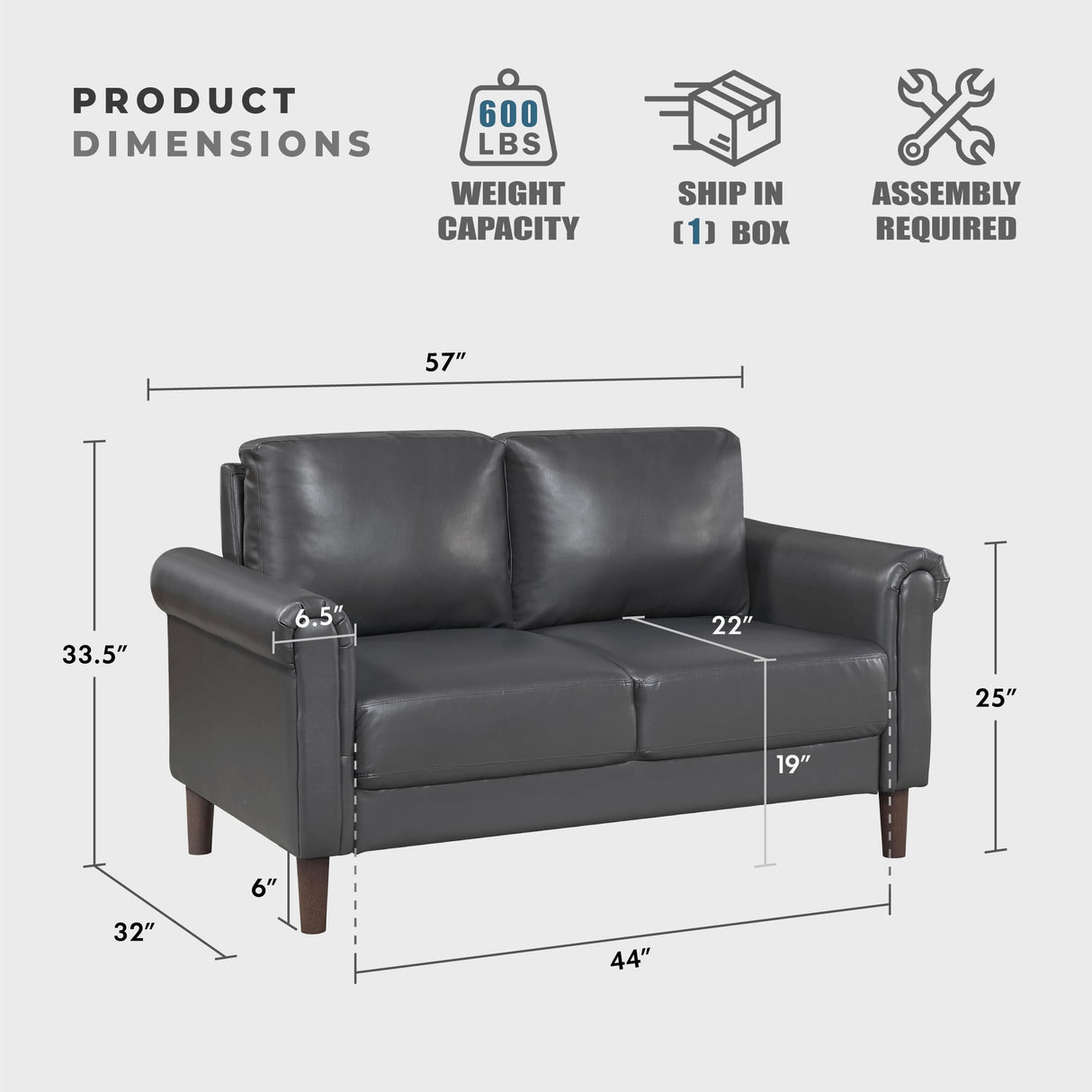 Lexicon 57" W Loveseat, Faux Leather Upholstered Couch, Loveseat with Rolled Armrest for Bedroom/Office/Waiting Room, 2 Seater Couch, Dark Gray Lexicon