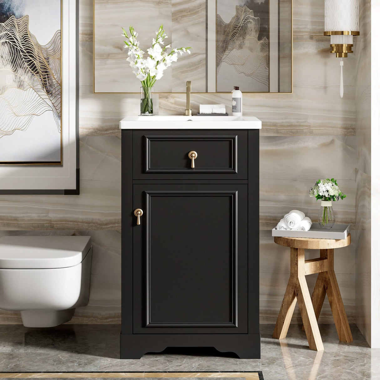 20-Inch Bathroom Vanity with Ceramic Sink, Solid Wood Frame Modern Storage Cabinet with Soft Close Door, Adjustable Shelf, and Door-Mounted Storage Rack for Small Bathrooms, Black Merax