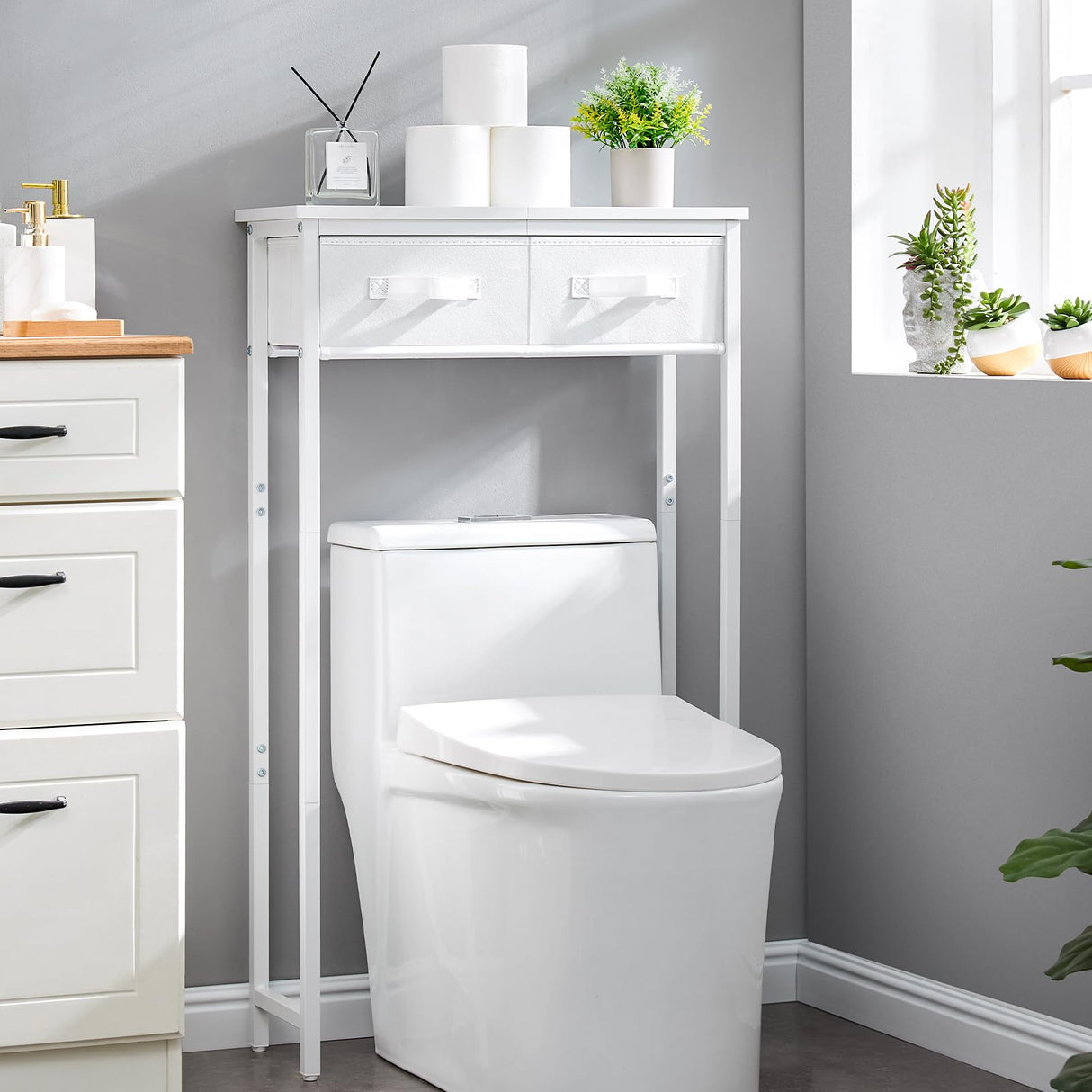 MOHOPE 2-Tier Over The Toilet Storage with 2 Fabric Drawers, Freestanding Above The Toilet Storage Cabinet, Space Saver Metal Over Toilet Bathroom Organizer Shelf for Small Space, White MOHOPE