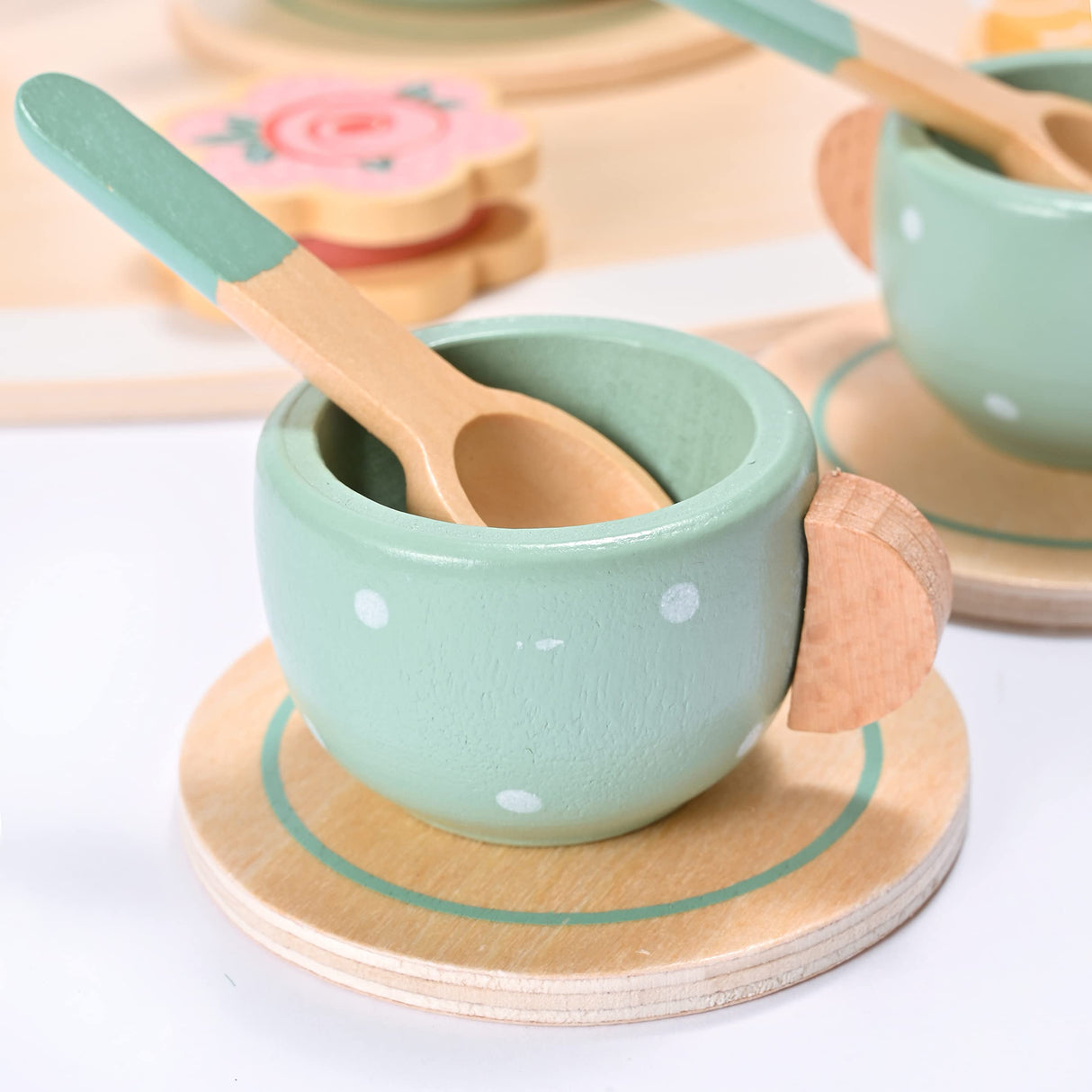 15pcs Wooden Tea Set for Little Girls, MONT PLEASANT Wooden Toys, Toddler Tea Set Play Kitchen Accessories Play Food playset for Kids Tea Party MONT PLEASANT