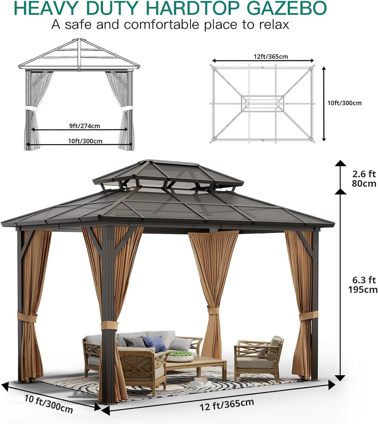 GarveeLife 10x13ft Hardtop Gazebo, Outdoor Polycarbonate Double Roof Canopy, Aluminum Frame Permanent Pavilion with Curtains and Netting, Sunshade for Garden, Patio, Lawns (Brown) GarveeLife