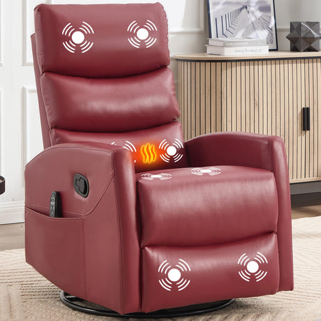 Massage Chair Recliner with Heat, Swivel Rocking Chair Recliner with High Back, Manual Lazy Boy Recliners for Adults,Small Recliner Chair for Small Spaces, Living Room Bedroom, Fabric (Red) Thctvous