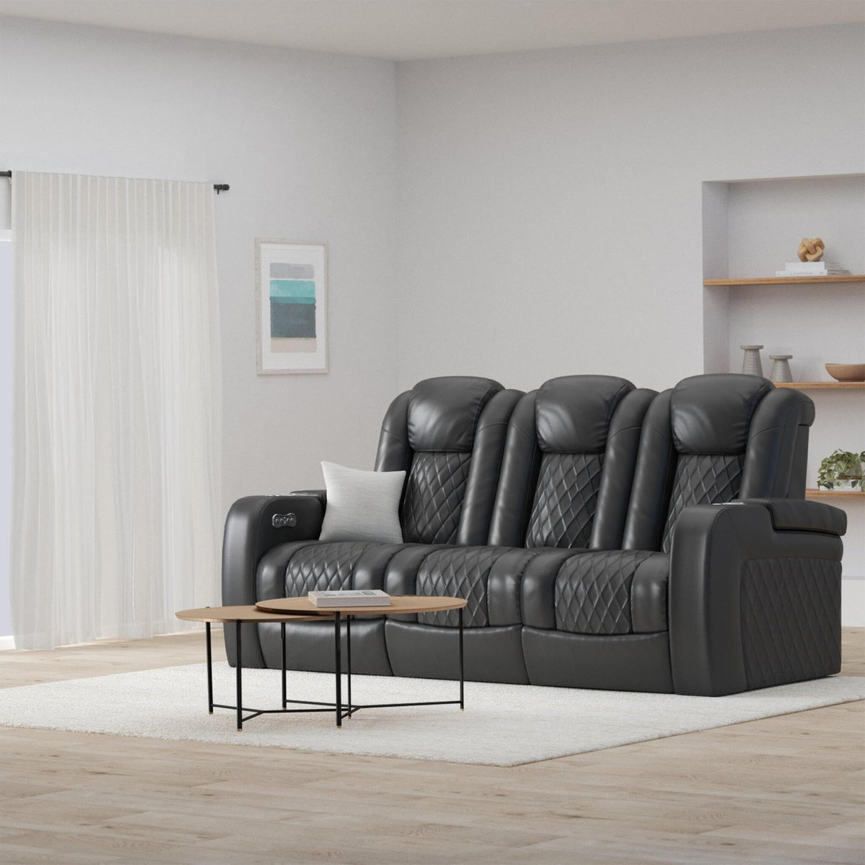 Seatcraft Anthem Home Theater Seating - Italian Leather - Power Recline Sofa - Fold-Down Table - Powered Headrests - Arm Storage - USB Charging - Cup Holders, Black Seatcraft