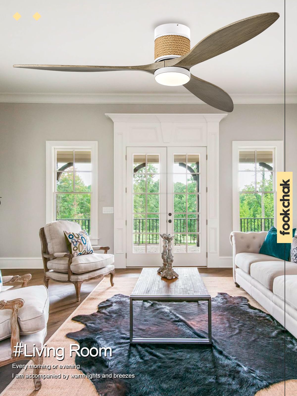 60in Boho White Ceiling Mount Fan Light Dimmable with Remote Control 3 Blade Hemp Rope Ceiling Fan with Light Coastal Weathered Wood Ceiling Fan Outdoor for Balcony Kitchen Bedroom, F22 FookChak