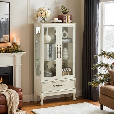 Eyisean Glass Display Cabinet, 52" H Curio Cabinet with Adjustable Shelves and Mirrored Back Panel, China Cabinet with Light Bulb inclued, Rack for Living Room Storage (White) Eyisean