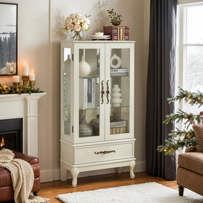 Eyisean Glass Display Cabinet, 52" H Curio Cabinet with Adjustable Shelves and Mirrored Back Panel, China Cabinet with Light Bulb inclued, Rack for Living Room Storage (White)