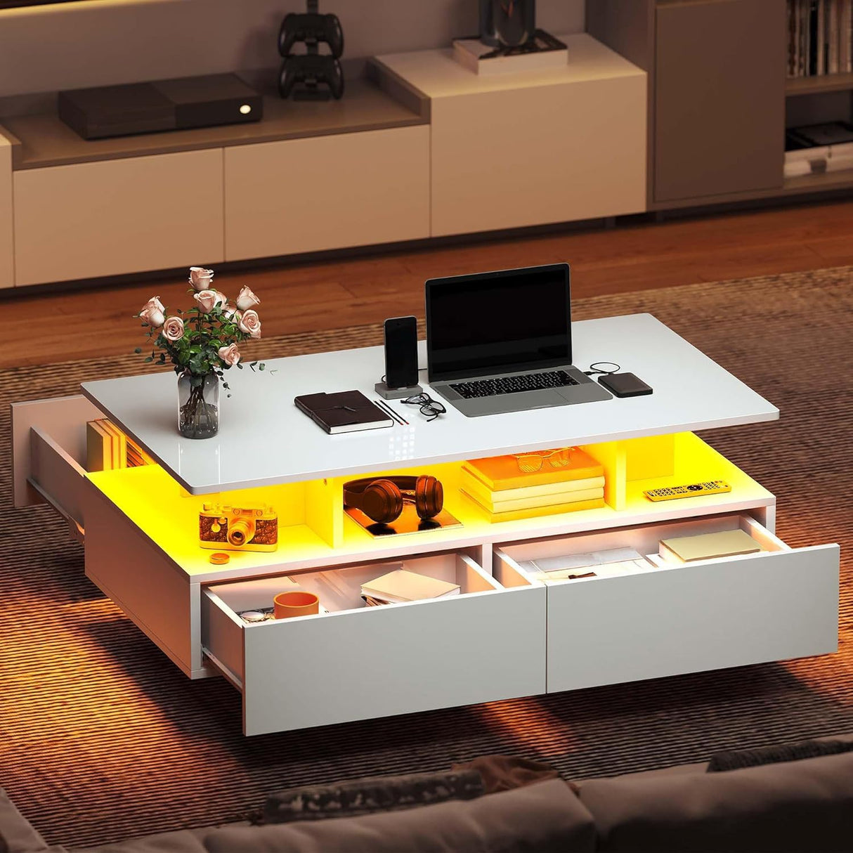 DWVO LED Coffee Table with Storage 4 Drawers, Modern High Glossy Coffee Tables for Living Room, White Rectangle Coffee Table Small Center Table with Open Display Shelf & Sliding Drawers, White DWVO