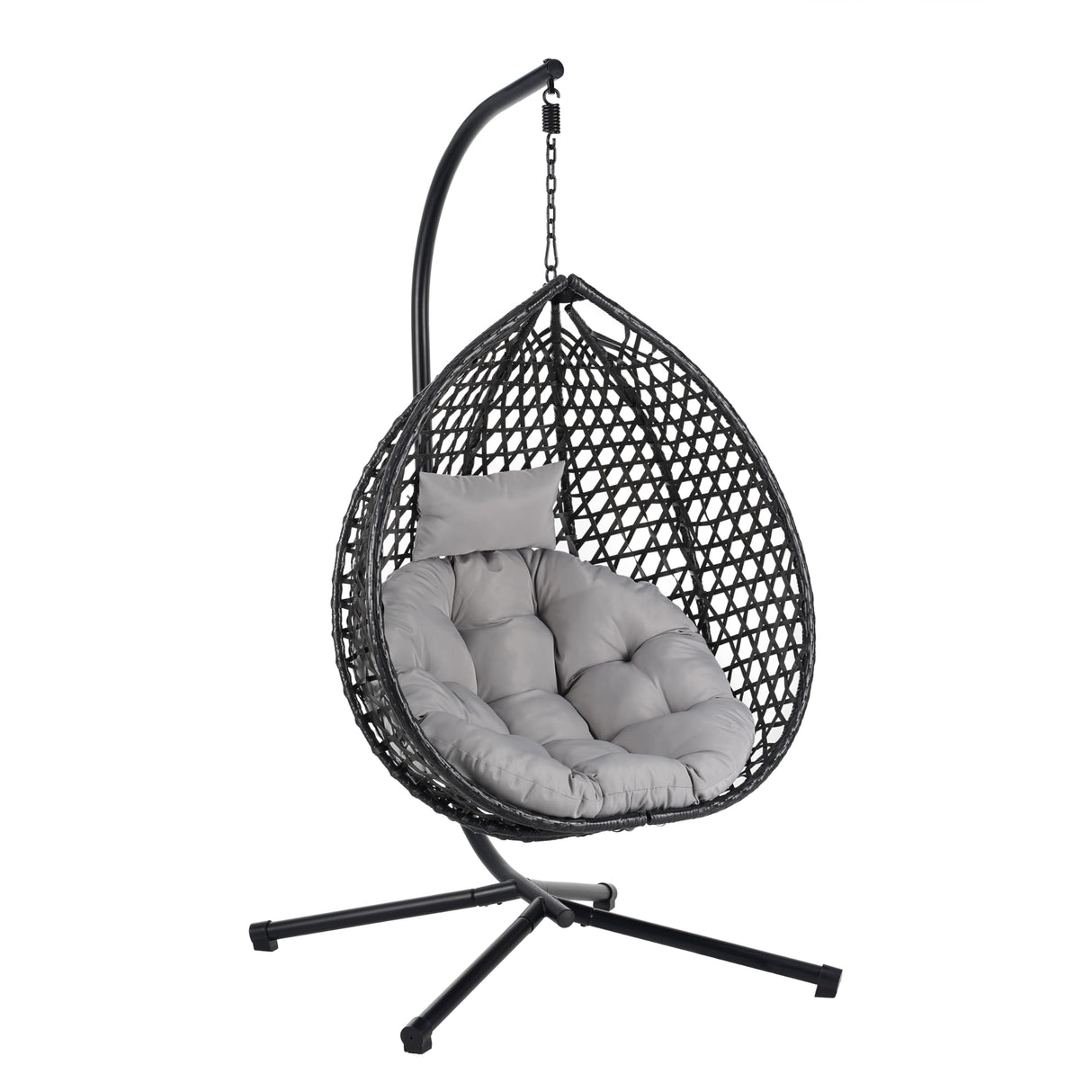 Hanging Egg Chair with Stand, Patio Rattan Wicker Patio Basket Hanging Chair, Garden Rattan Swing Hammock Chairs for Outside Balcony, Porch, Poolside, Indoor Outdoor, 330lbs Capacity, Black+ Grey FAROUCHE