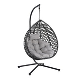 Hanging Egg Chair with Stand, Patio Rattan Wicker Patio Basket Hanging Chair, Garden Rattan Swing Hammock Chairs for Outside Balcony, Porch, Poolside, Indoor Outdoor, 330lbs Capacity, Black+ Grey FAROUCHE